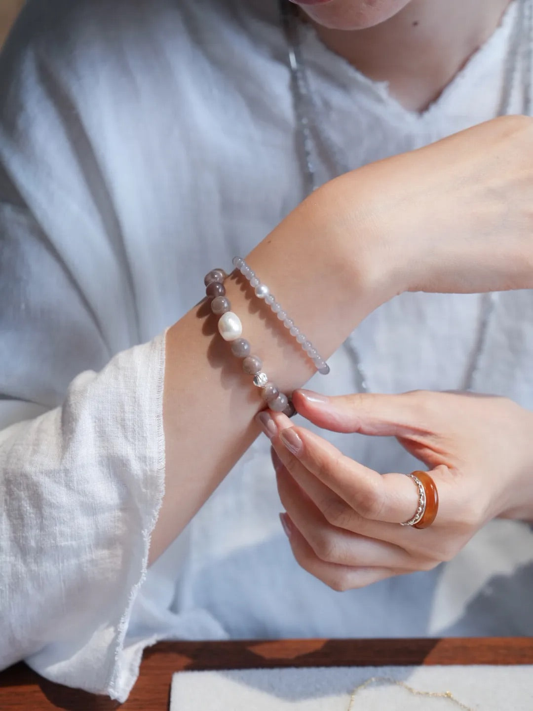 Elara Grey Quartz Pearl Energy Bracelet