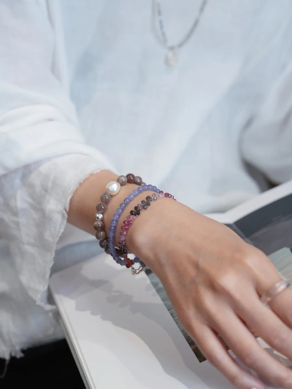 Elara Grey Quartz Pearl Energy Bracelet
