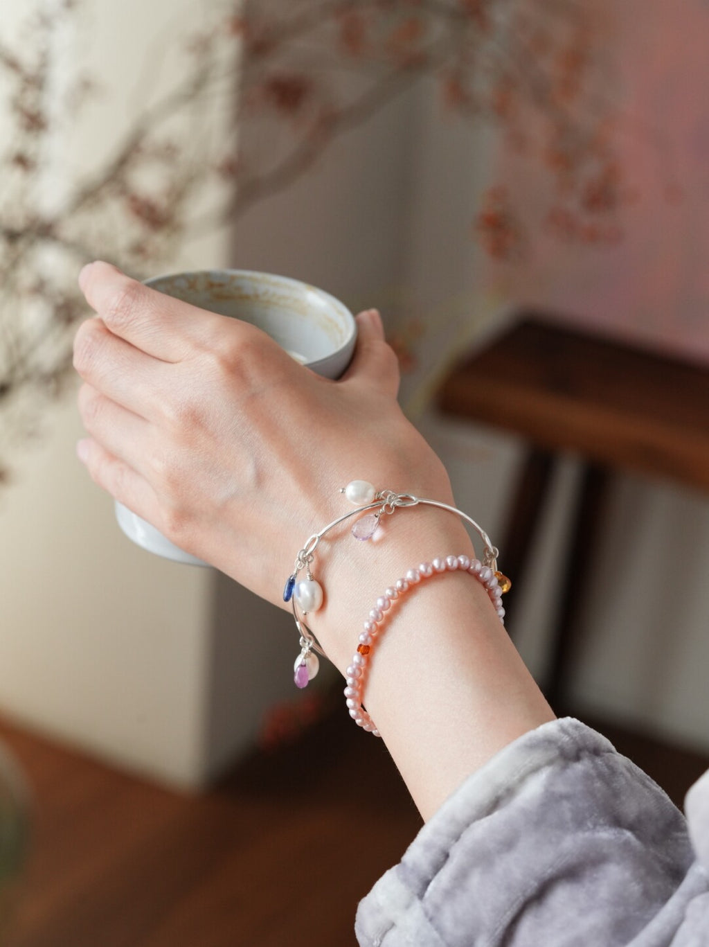 Inner Light Multi-Gem Pearl Bangle