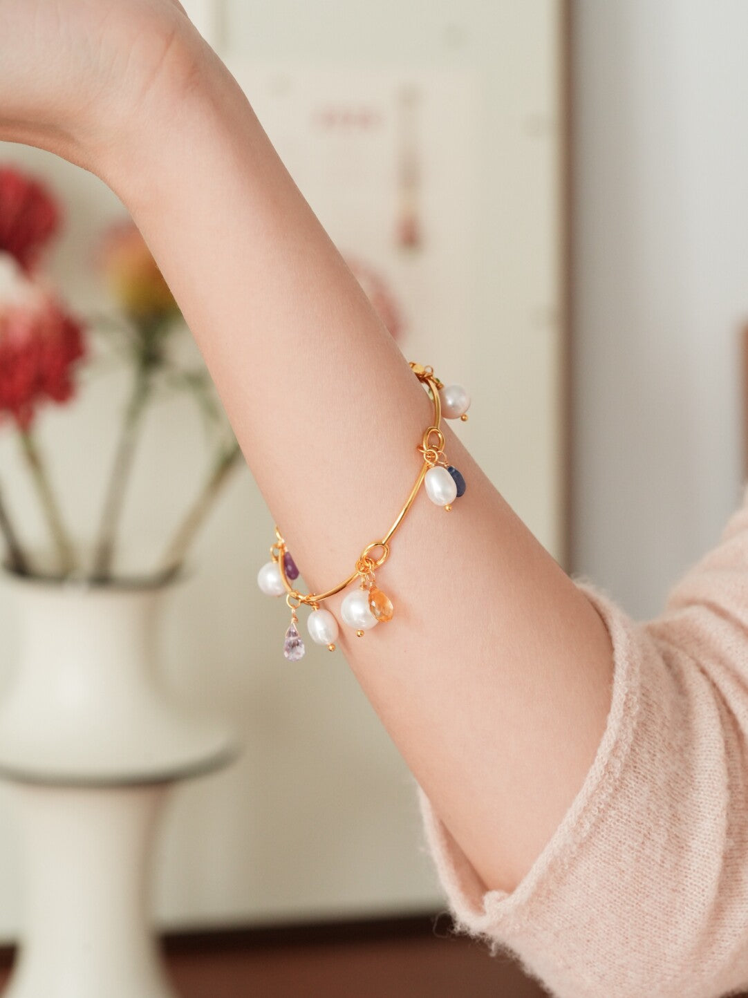 Inner Light Multi-Gem Pearl Bangle